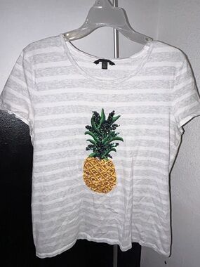Banana Republic White Striped Tee with Pineapple Sequin Detail